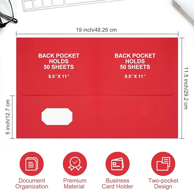 Harloon 75 Pack Two Pocket Portfolio Folders Bulk, 8.5 x 11 Inches Textured Paper with Business Card Slot Letter Size File Folders for Office School Classroom (Red)
