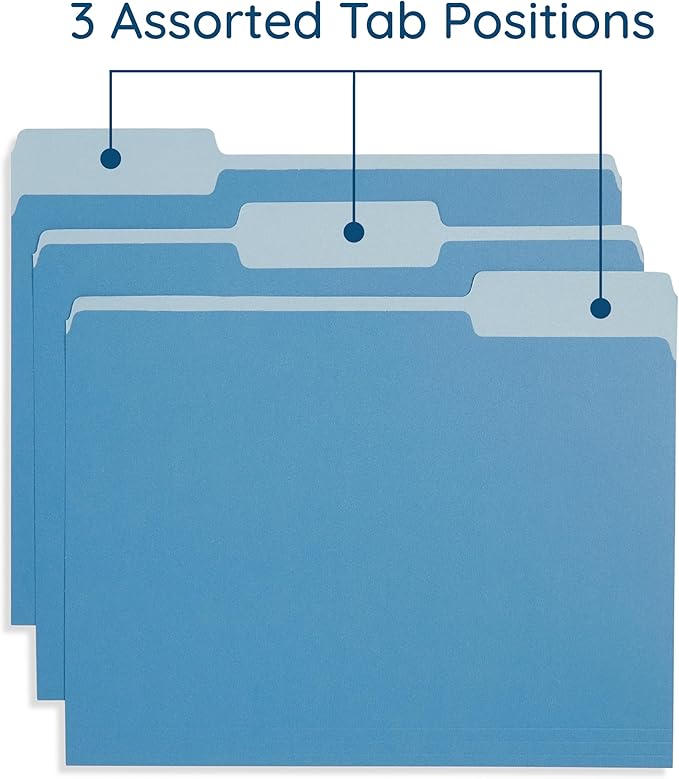 200 Blue Summit Supplies Colorful File Folders with Tabs, Multi Colored File Folders Letter Size, 1/3 Cut Tabs, Assorted Colors, Durable 11pt Paper, Bulk 200 Pack