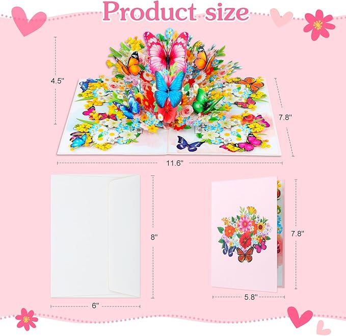 D4DREAM 3D Floral Butterfly Card for Women - Mothers Day Butterfly Pop Up Card Mothers Day Greeting Cards with Envelope Flowers Pop Up 3D Birthday Gift for Her Wife Mom Grandma