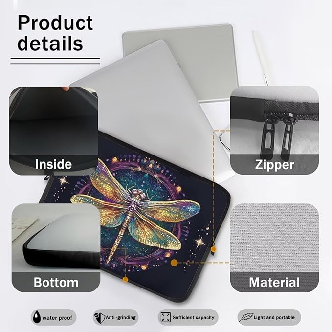 Dragonfly Printed Computer Bags for Laptops for Women, Large Capacity Computer Carrying Cover Laptop Briefcase, 10 Inch Water Resistant Laptop Case Portable Computer Case Bag