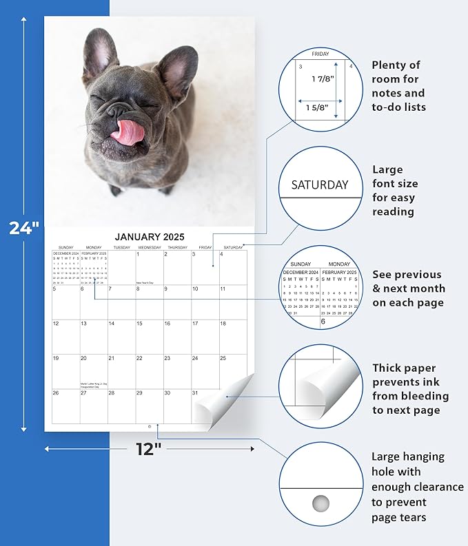 2025 French Bulldogs Monthly Hangable Wall Calendar | 12" x 24" | Thick Sturdy Paper | 2025 Dog Calendar