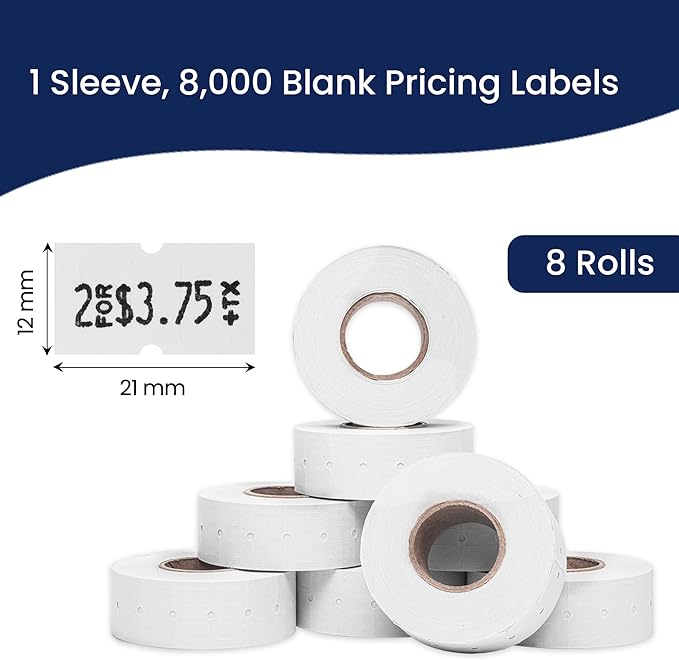 Perco 1 Line White Labels - 8 Rolls, 1 Sleeve, 8,000 Blank Price and Date Gun Labels for Perco 1 Line Price and Date Guns - Made in USA