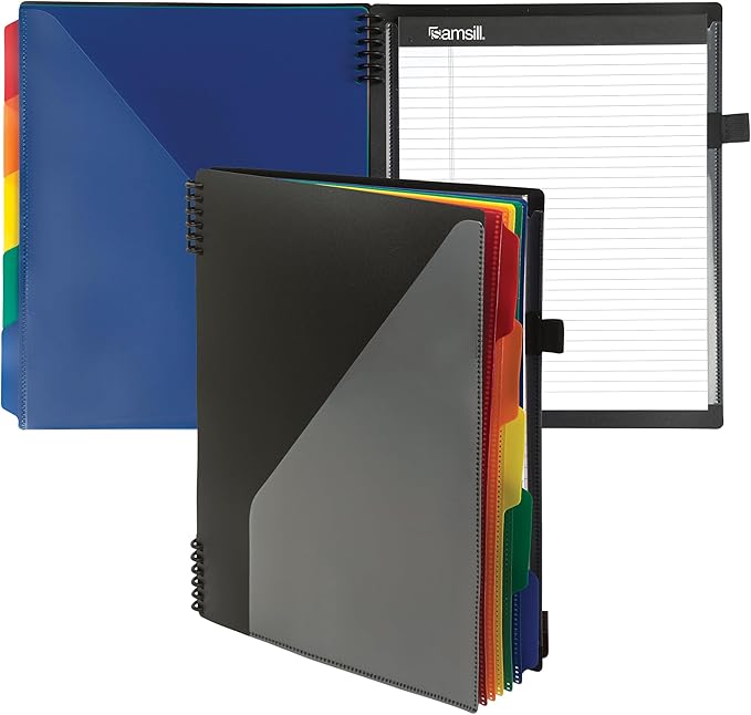 Samsill Left-Handed 10 Pocket Poly Project Organizer with 5 Dividers, File Folders Letter Size, Quick Access Front Pocket, Refillable Notepad, Erasable Write-On Tabs in Assorted Colors