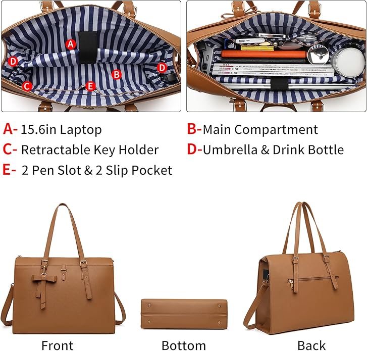 Keyli 4pc Sets Laptop Bag for Women Large Leather Laptop Briefcase with USB Charging Port Computer Shoulder tote Bags Purse