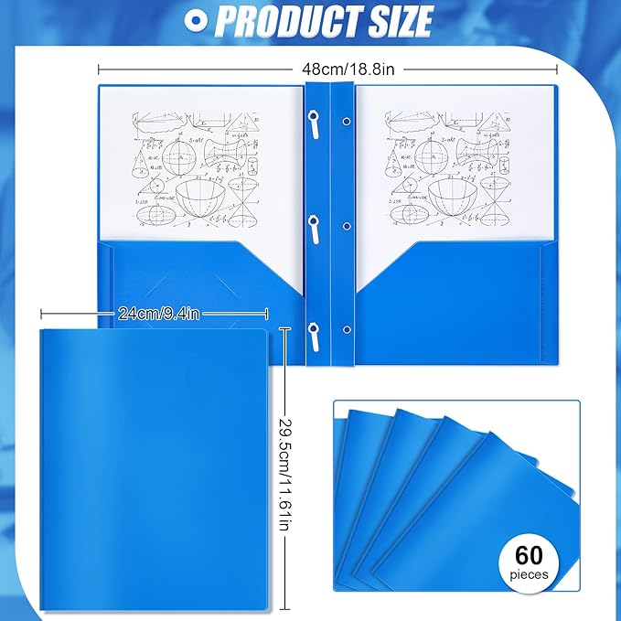 Yeaqee 60 Pcs Plastic Folders with Pockets and Prong Plastic Folders with 2 Pockets Pocket for Office, School for Students, Teachers, Office Workers (Blue)