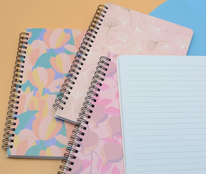 Yansanido Spiral Notebook, 4 Pcs A5 Thick Leaves Design Hardcover 8mm Ruled 4 Color 80 Sheets -160 Pages Journals for Study and Notes (Leaves)