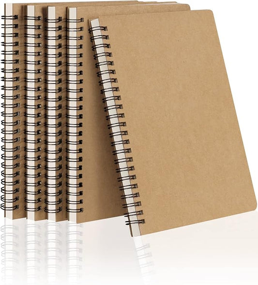 Spiral Notebooks A5 Lined 5Pcs College Ruled Journals Bulk Thick Paper for Work, Study, Notes Taking, Gifts 120 Pages/60 Sheets Kraft Brown