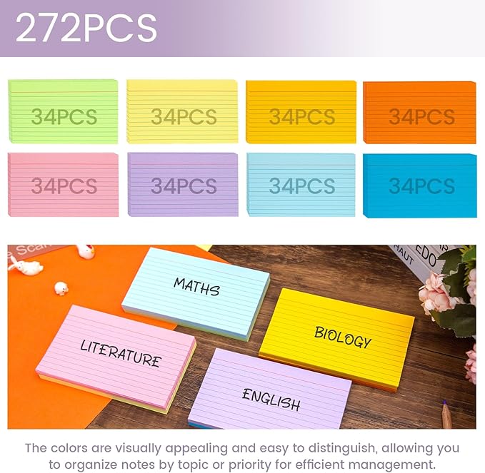 Koogel Index Cards 3 x 5 Inch, 272 Count, Ruled on both Sides, 8 Assorted Colors, Note Cards for Studying School Supplies College Office