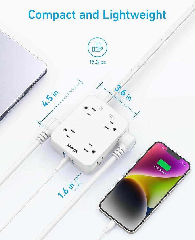 Anker Surge Protector Flat Plug Power Strip 2000J, 5ft Thin Extension Cord with 8 Outlets, 2 USB A and 1 USB C Port, 20W for iPhone15, Wall Mount, Compact for Home, Office, Room, TUV Listed