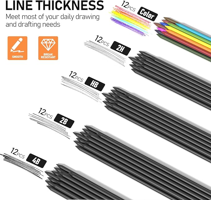 Four Candies 2MM Mechanical Pencil Set with case, Artist Lead Pencil Metal Lead Holder with 60PCS Graphite Lead Refill (HB, 2H, 2B, 4B, Color) kneaded eraser, Sharpener for Writing, Drawing, Sketching