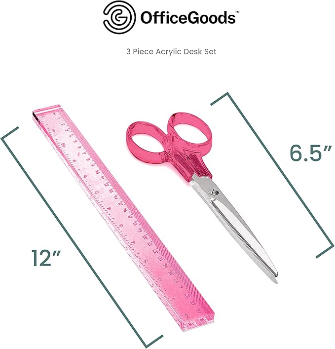 OfficeGoods 3 Piece Acrylic Desk Set - Includes Ruler, Staple Remover, Scissors - Functional & Elegant Desk Accessories - Stationery Tools for Home, Office, and School - Pink with Silver Metal