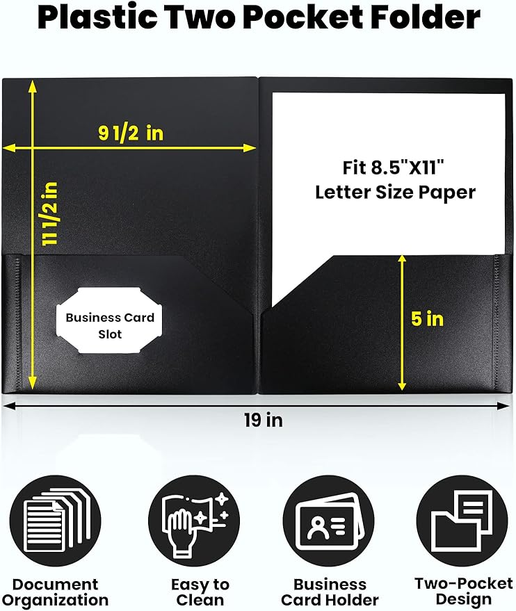 SUNEE 2 Pocket Folders (12 Pack, Black) Heavy-Duty Plastic Folders with Pockets, Fit 8.5x11 Letter Size Paper, 2-Pocket File Folders for Kids, Home, School, Office