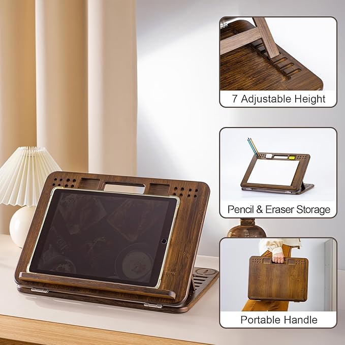 StrongTek 6-Position Bamboo Table Easel, 16x12 Inch Adjustable Drawing and Sketching Board with Built-in Handle and Back Storage, Portable Art and Lap Desk for Sketching, Reading, and Book Stand