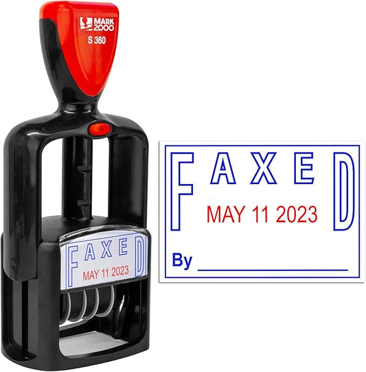 Self-Inking Rubber Date Office Stamp with Faxed Phrase - Blue Ink & Date Red Ink - 12-Year Band