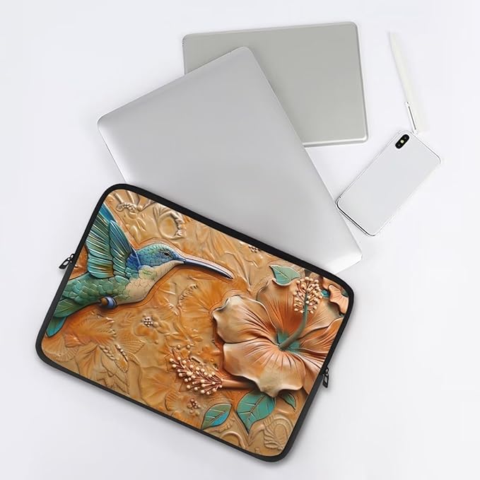 Hibiscus Hummingbird Printed Computer Case Bag for Girls Boys, Washable 17 Inch Laptop Bag Carrying Case Laptop Briefcase Neoprene with Zipper, Compatible with Various Computers, Pink