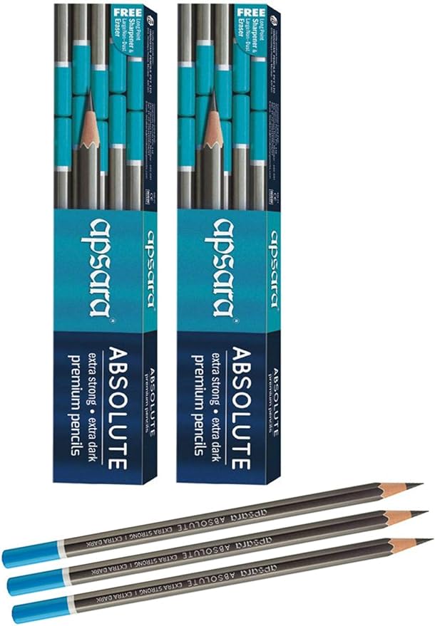 Apsara Absolute Extra Dark & Strong Premium Pencil | Set of 2 (20 Pencils) with 2 Eraser & 2 Sharpner