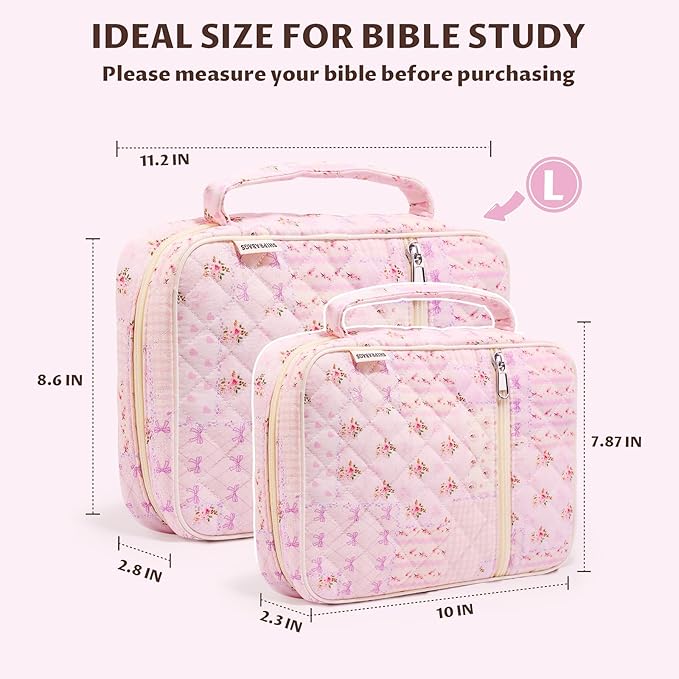 shirabags Quilted Bible Cover Case for Women - Elegant Cotton Bible Bag for Study, Church, Christian Gifts for Women (Pink pin, L)