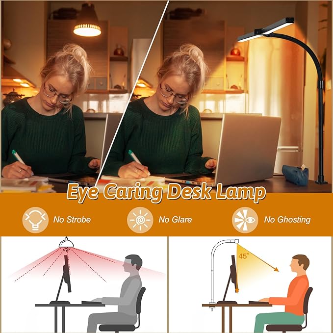 Double Head LED Desk Lamp with Remote Control Tall Desk Lamps for Home Office 24W Brightest Computer Desk Light Office Lamp for Workbench Drafting Architect Study Reading with Anti-Glare Cover