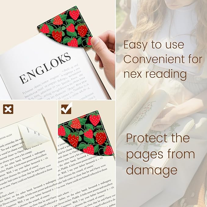 Strawberry Corner Bookmarks, Cute Leather Book Accessories for Book Lovers, 3 Pcs Reading Book Page Markers for Women Men Student Teacher Girls Boys Kids Retirement Birthday Gifts