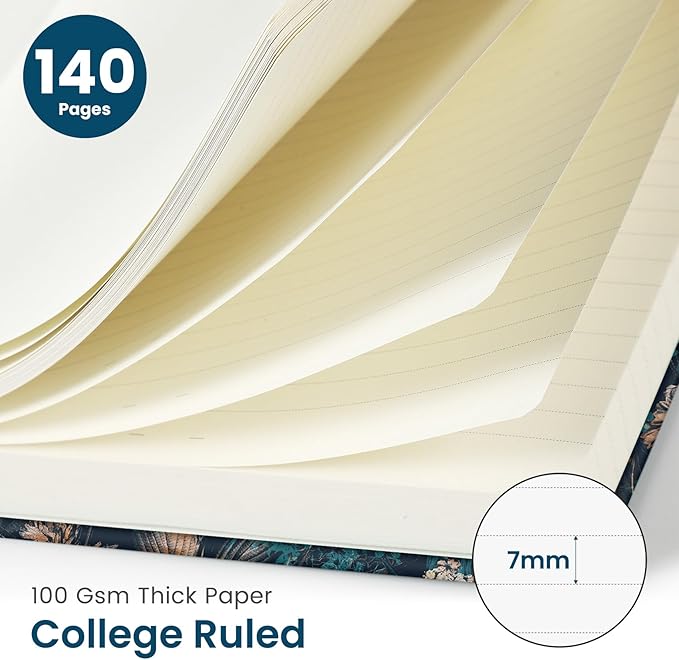 Pretty Cute Lined Spiral Journal Notebook for Women, Aesthetic College Ruled Notebook for Work & Note Taking, A5 Hardcover Journal for Writing, 140 Pages, Royal Flowers