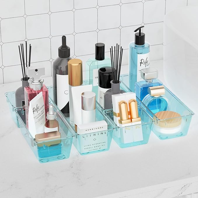 WOWBOX 6 Pack Clear Drawer Organizer Set, Acrylic Drawer Storage Trays, Storage Bins for Makeup, Cosmetics, Jewelries, Utensils, Gadgets, Office, Sea Blue