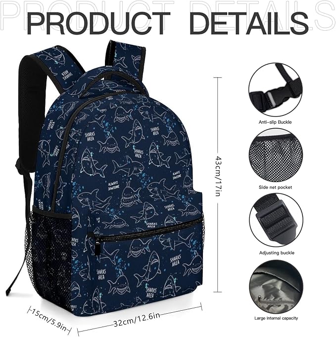 3PCS 17" Shark Backpack, Shoulders Backpack with Insulated Lunch Bag Durable Shark Laptop Bag Daypack with Multiple Pockets (Shark)