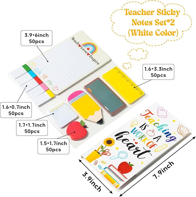 2 Pack Teaching is A Work of Heart Sticky Notes Set - Ruler Blackboard Pencil Apple Self-Stick Note Pads Teacher Appreciation Gift Writing Memo Pads Page Marker Back to School Office Supplies