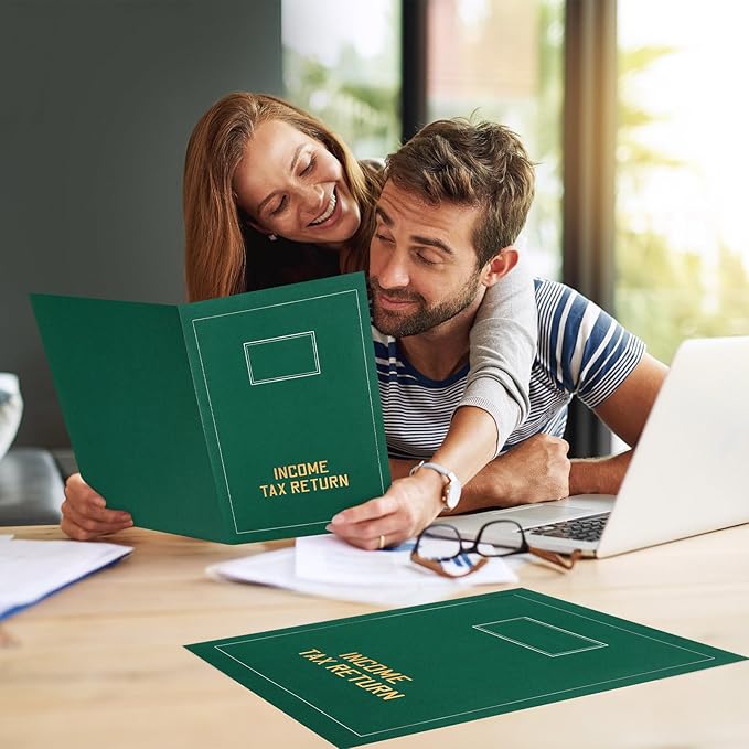 Kisston 50 Pcs Tax Return Folders Bulk 2 Pocket Gold Foil Stamped Income Tax Folders with Blank Labels Business File Office Organizer (Green)