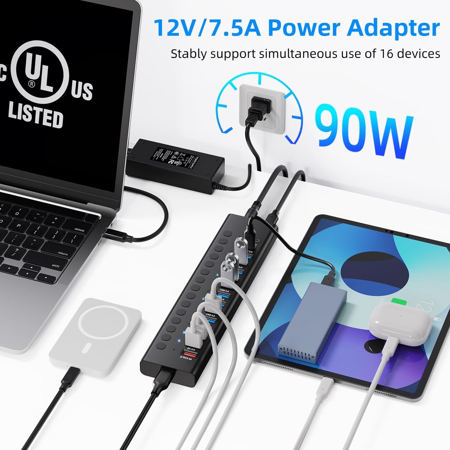 Powered USB 3.0 Hub, 16-Port USB C Hub Splitter (10 USB 3.0+2 QC 3.0+2 Smart Charging+2 USB-C 3.0) with Individual Switches, 12V 7.5A 90W UL Certified Power Adapter for Laptop, Mac, PC, Computer
