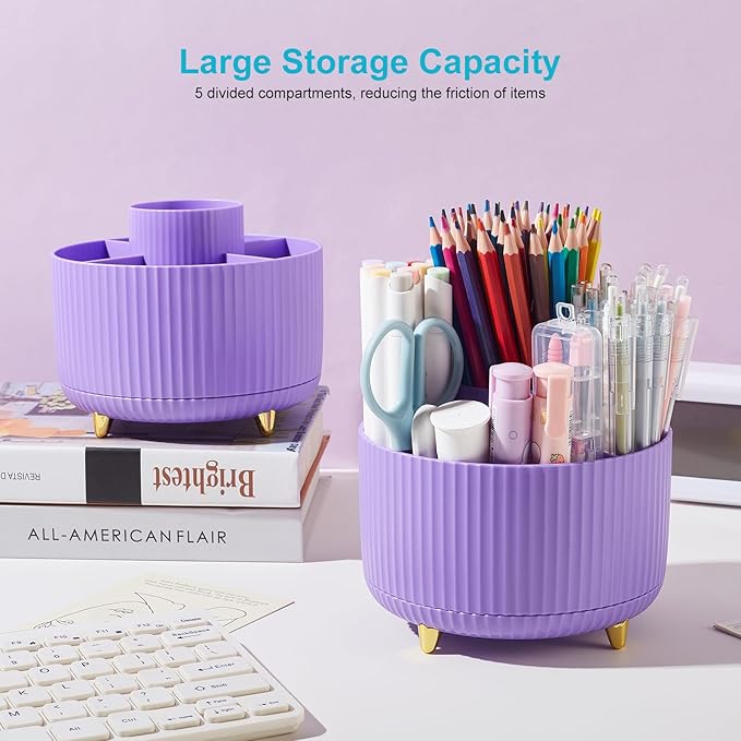 Desk Pencil Pen Holder, 5 Slots 360 Degree Rotating Pencil Pen Organizers for Desk Desktop Storage Stationery Supplies Organizer Cute Pen Cup for Office School Home Art Supply Purple