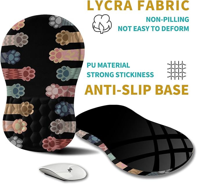 Hokafenle Ergonomic Mouse Pad Wrist Support, Wrist Rest Mousepad for Carpal Tunnel Pain Relief with Integrated Memory Foam Slope Massage Bulge (11.8x7.9 inch,Cute Cat Claw