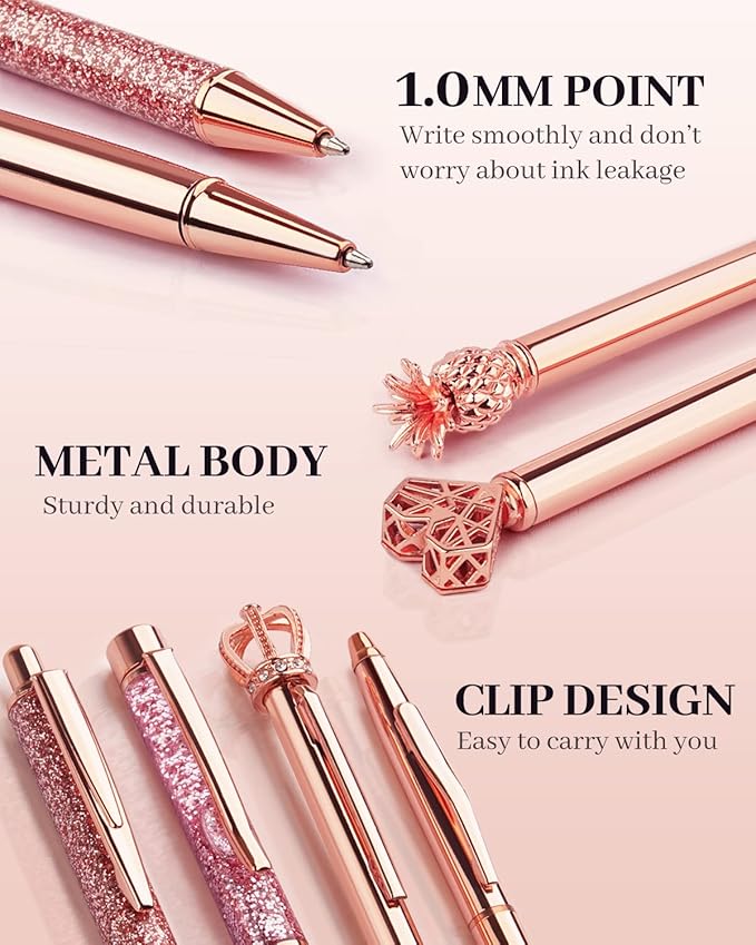 WEMATE 8Pcs Ballpoint Pens Set Metal Crystal Diamond Pen Glitter Pen for Journaling Pen Bling in Black & Blue Ink Pretty Cute Pens Fancy Pens Gifts for Women Wedding School Office Desk (Rose Gold)