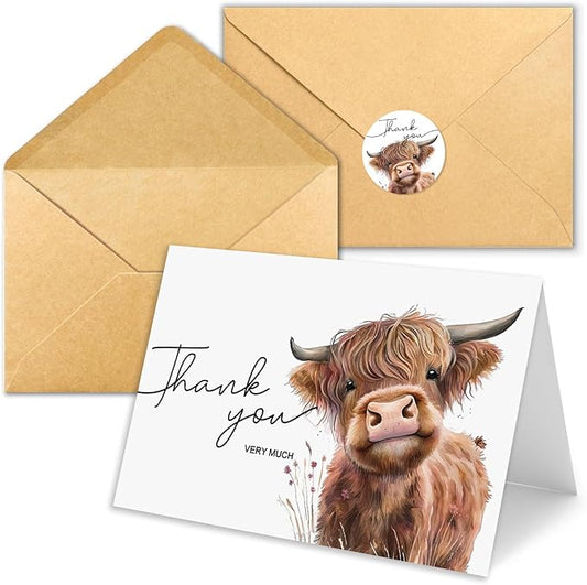 25Pcs Highland Cow Thank You Cards with Envelopes, 4x6 In Farm Cute Watercolor Design Highland Cow Greeting Cards Sympathy Cards Bulk for Wedding, Baby & Bridal Shower - with Sticker