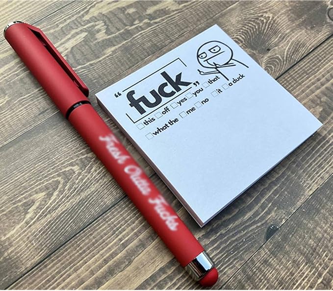 Fresh Outta Fucks Pad and Pen Funny Sticky Notes and Pen Set White Elephant Gift Novelty Pen Funny Desk Accessory Fun Gifts for Friends (Red+Black)