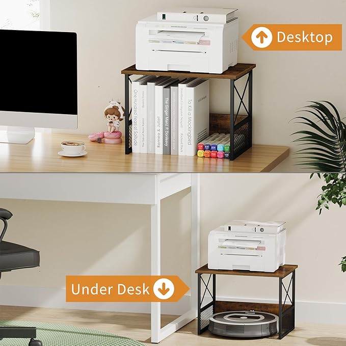 Printer Stand for Desk, Desktop Printer Stand Shelf Organzier for Home Offic, for Above and Under Desk, Fax Machine Copier Scanner, Rustic Brown