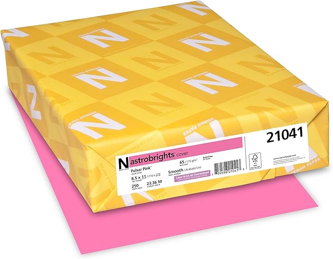 Astrobrights® Colored Card Stock, Bright Color Cover Paper, 8 1/2" x 11", FSC® Certified, 65 Lb, Pulsar Pink™, Pack Of 250 Sheets