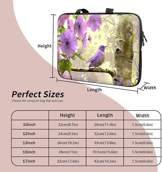 Universal Laptop Sleeve Tablet Case 12 inch, Purple Florals Hummingbird Slim Carrying Case Durable Handbag Travel Laptop Bag for Surface Pro 9 8 7/Laptop Go 2 3, MacBook Air 11/12