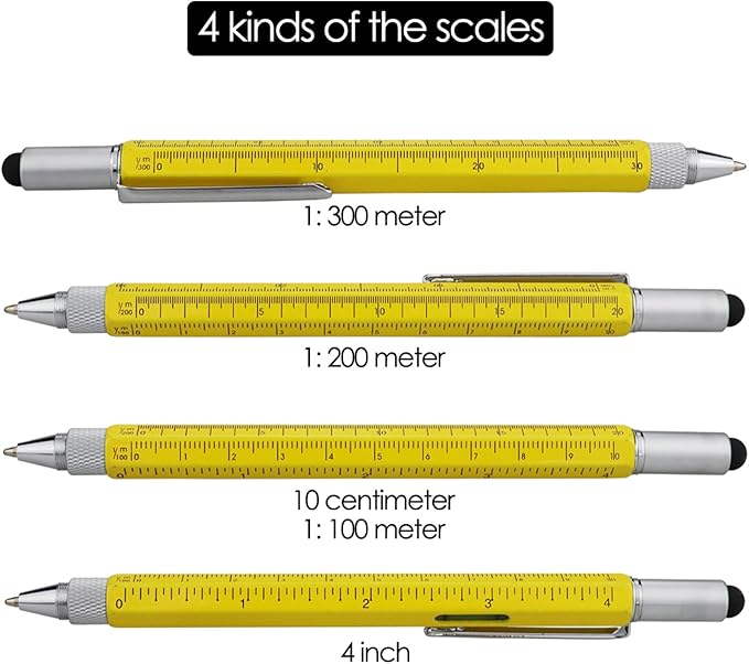 HeTaoCat Gifts Multi Tech Tool Pen 6 in 1 Stylus Pen - Screwdriver Pen with Ruler, Levelgauge, Ballpoint Pen Black ink (Yellow)