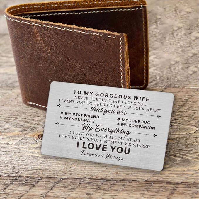 Resdink To My Gorgeous Wife Gifts, Engraved Wallet Cards for wife, Love Gifts for Wife, Anniversary Present Card for Wife Her, I Love You With All My Heart, Wife Gift from Husband