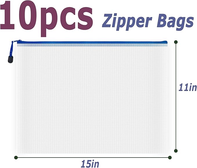 AUSTARK 10 Pcs Zipper File Bags, Waterproof Plastic Mesh Pouch for Office School, Board Game Storage Bags (B4 Size 15''x11'', White and Blue)