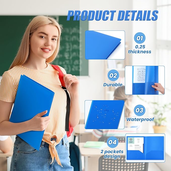 Gueevin 24 Pcs Plastic Folders with Pockets, Two Pocket Folder Fit Letter Size, Heavy Duty School Business Card Holder for Home Office School Bussiness, 11.61 x 9.45 Inches (Blue)