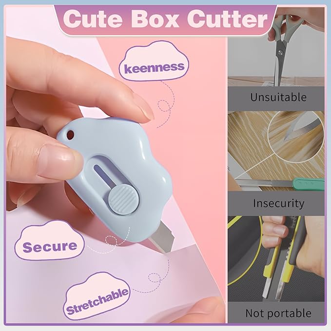 Mini Cloud Box Cutters Retractable Cute, 3 Pcs Small Utility Knives, Portable Letter Opener Slide Open with Keychain Hole, for Office School Stationery, Cutting Box Envelopes Papercutting