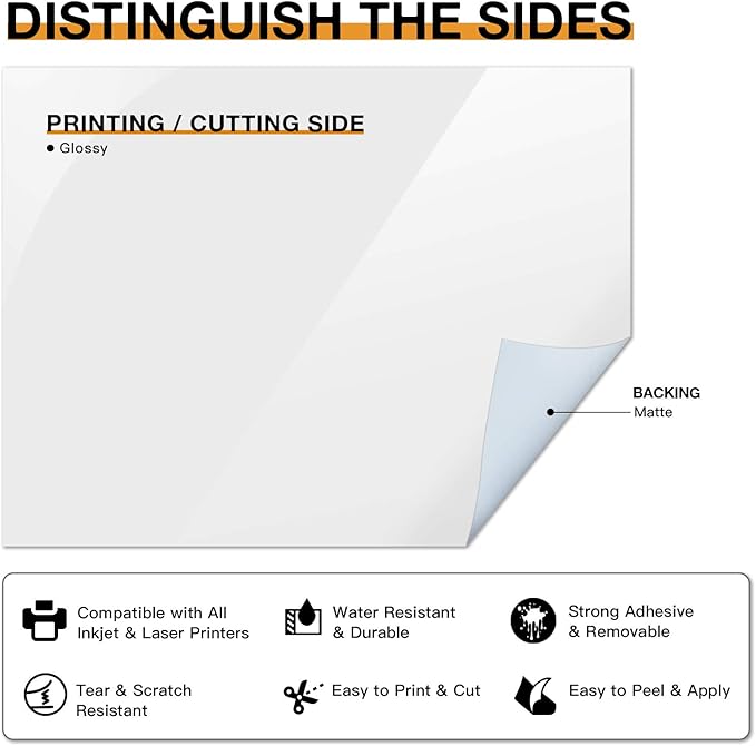 HTVRONT Printable Vinyl for Inkjet Printer & Laser Printer - 40 Pcs Glossy White Inkjet Printable Vinyl Sticker Paper, 8.5"x11" (140 g)