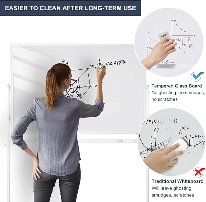 Mobile Clear Glass Whiteboard, TANKEE 48" X 32" Standing White Board on Wheels, Large Rolling Dry Erase Board with Stand, Transparent Tempered Glass Board with Paper Pad, Great for Office Home School