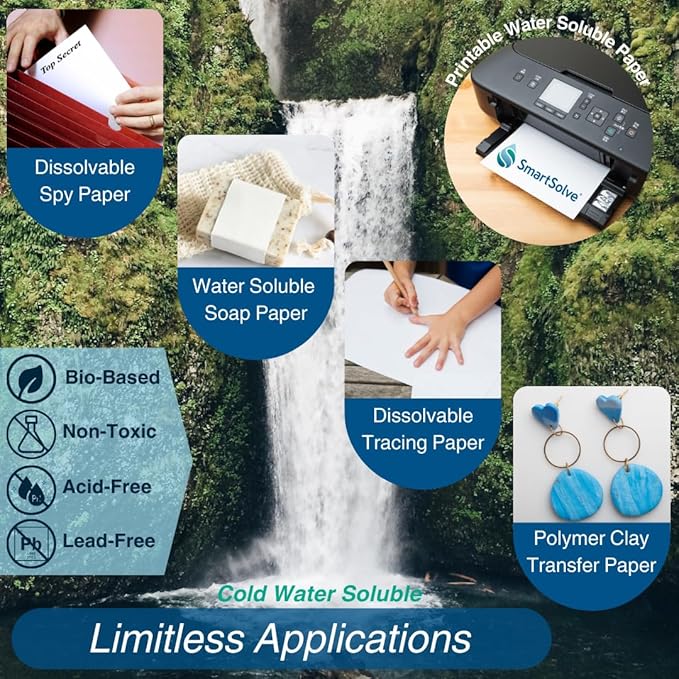 3 pt. Water-Soluble Paper | Dissolves Quickly in Water | Biodegradable | Eco-Friendly | Printer Compatible | Crafts, Drawing, Notes | Letter Size, 8.5” x 11” | Pack of 1,000 White Sheets