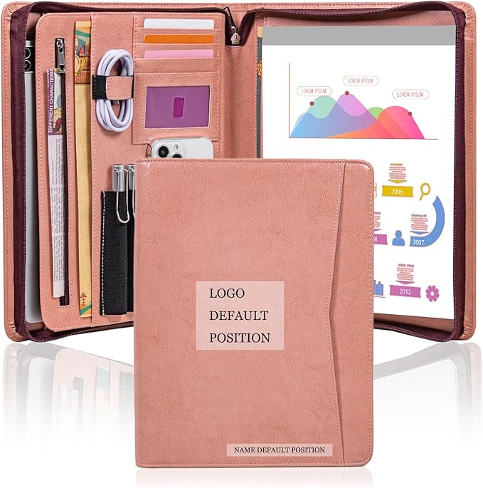Free Name Engrave, Custom Vegan Leather Portfolio for Women, Personalized Business Padfolio with A4/US Letter Writing Pad Holder, Portfolio Folder for Girlfriend, Wife, Daughter, Customized, Pink