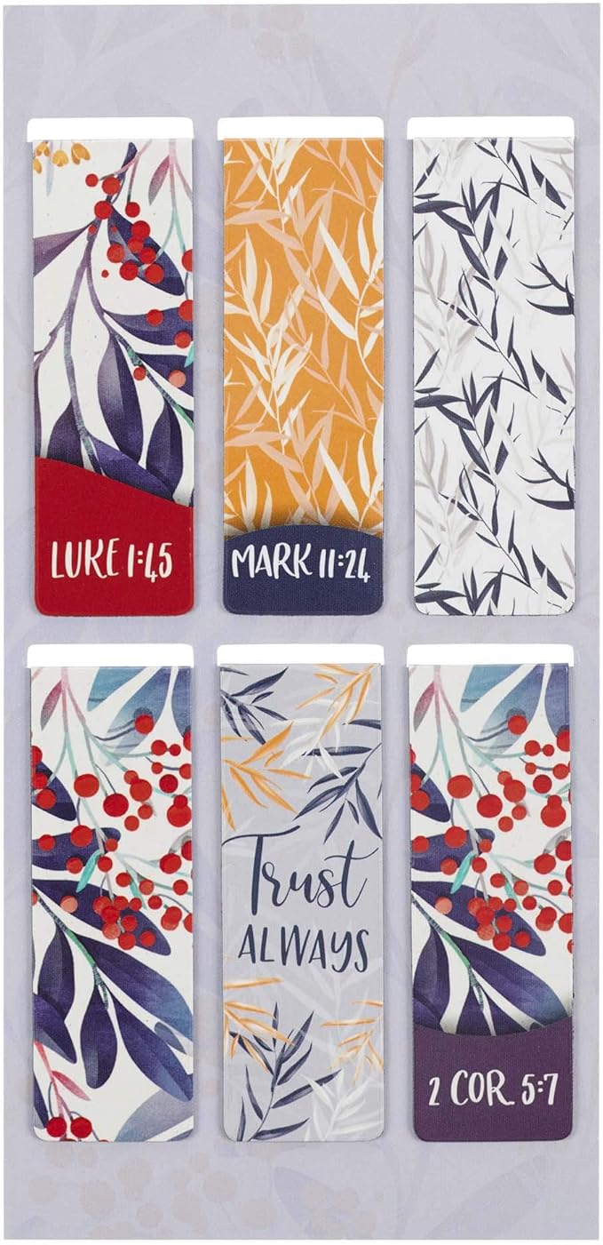 Christian Art Gifts Beloved Magnetic Scripture Bookmark Set for Men and Women: Trust Always - Inspirational Magnetic Pagemarkers Set of 6 for Bibles and Books, Leaf and Berry Themed, Size 2.3" x 0.75"