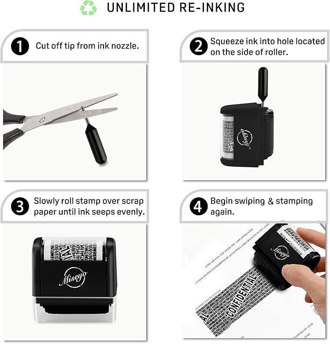 Miseyo Identity Theft Protection Roller Stamp Set - Black (3 Refill Ink Included)
