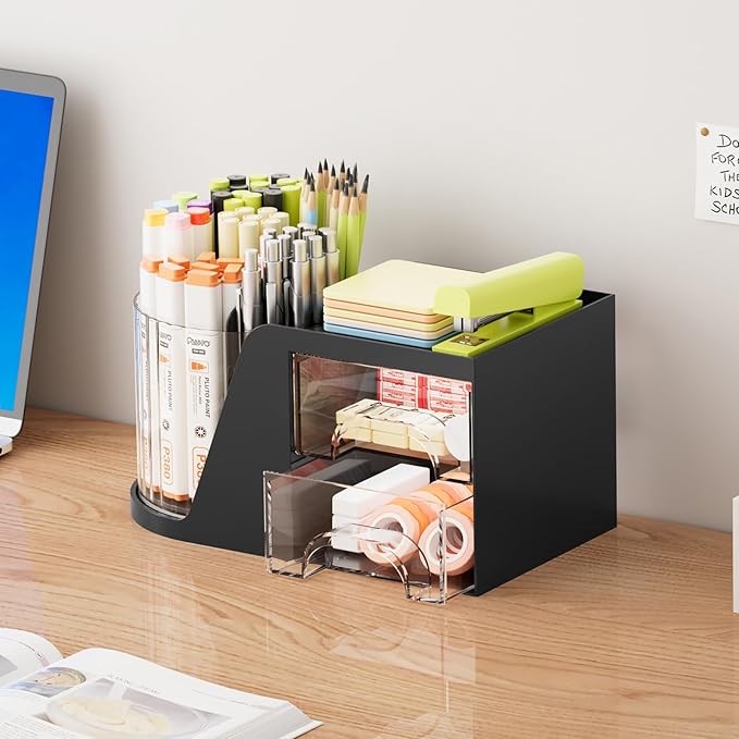 Marbrasse Desk Organizer with 2 Drawer, 360 Rotating Pen Holder, 6 Slots Pencil Organizer + 2 Drawer, Art Supply Storage Box Caddy for Office (Black)