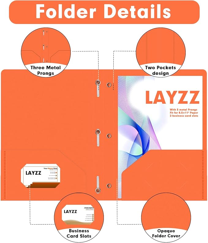Plastic 2 Pocket Folders with Prongs, 30 Pack, Heavyweight, Letter Size Poly Folders with 3 Metal Prongs Fastener Clips (Orange)